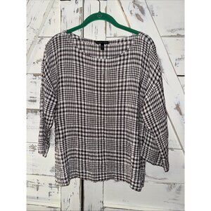 Eileen Fisher Brown White Gingham Check Plaid Linen Cotton Shirt Top M M